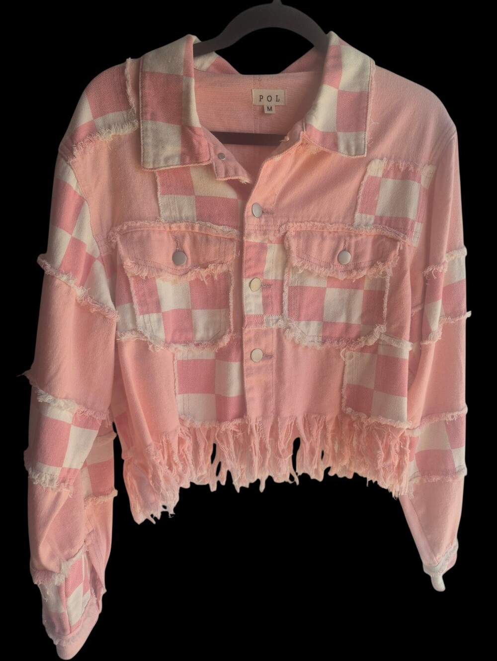 POL Pink & White Distressed Check Crop Jean BOHO Jacket
